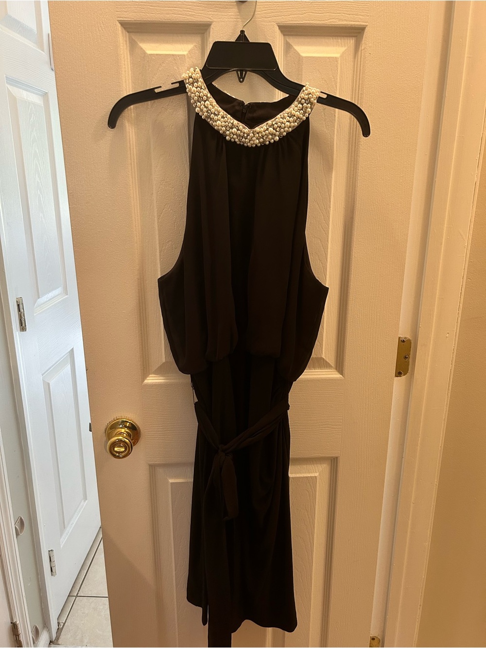 Adrianna Papell Black One-Shoulder Dress with Pearl and Crystal Collar